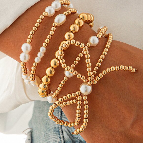 B262 Gold Bow Knot Pearl Beaded Multi Layered Bracelet Set - Picture 1 of 5